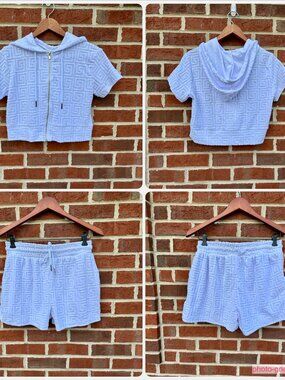 Jolie & Joy by FCT with Love Hooded Shorts Set Jrs Medium White Terry Pockets